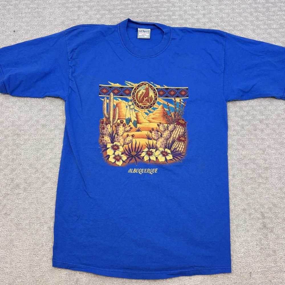 Vintage Albuquerque New Mexico T-Shirt Mens L Native Art Wolf, Cactus Desert